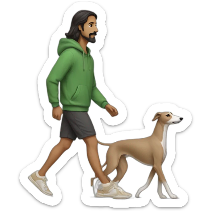 an indian man wearing a green sweatshirt, beige shoes, long hair, no beard, black shorts, walking, side profile,  walking a beige whippet sticker