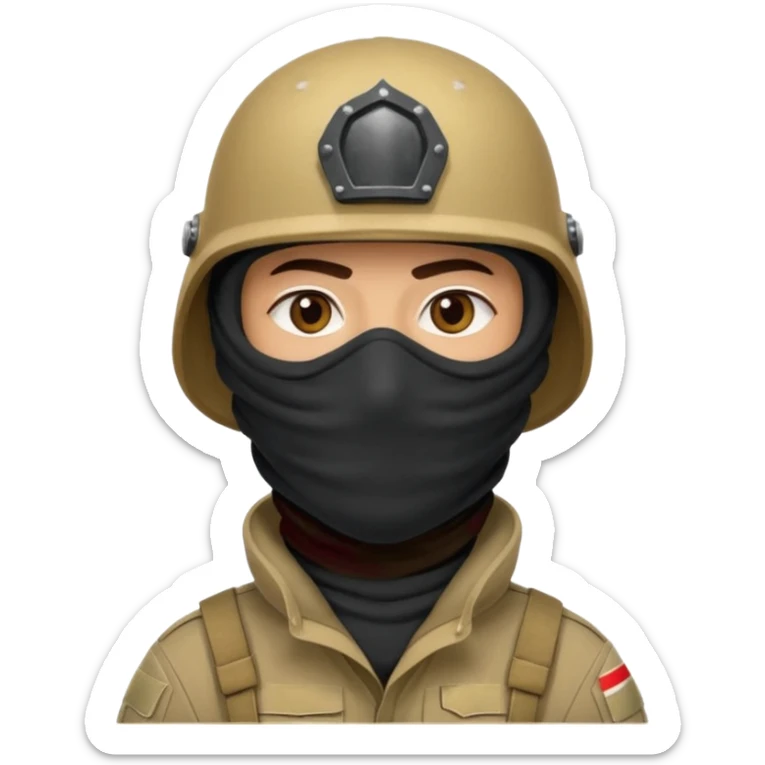 
an Iraqi soldier with a serious face, wearing a helmet and a balaclava covering his mouth sticker