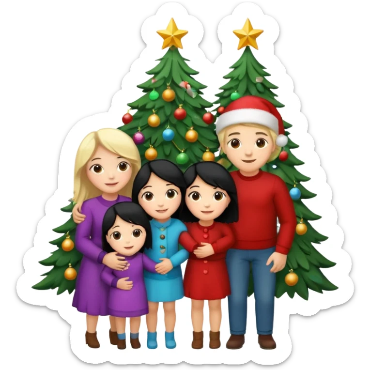 Generate Christmas-style emojis  family. Where light-skinned people stand near the tree all together, hugging and smiling.  girl should be Light-haired woman, woman, black-haired woman, and 1 man . Add 4 people: Mother, Sister, Sister, Brother  sticker