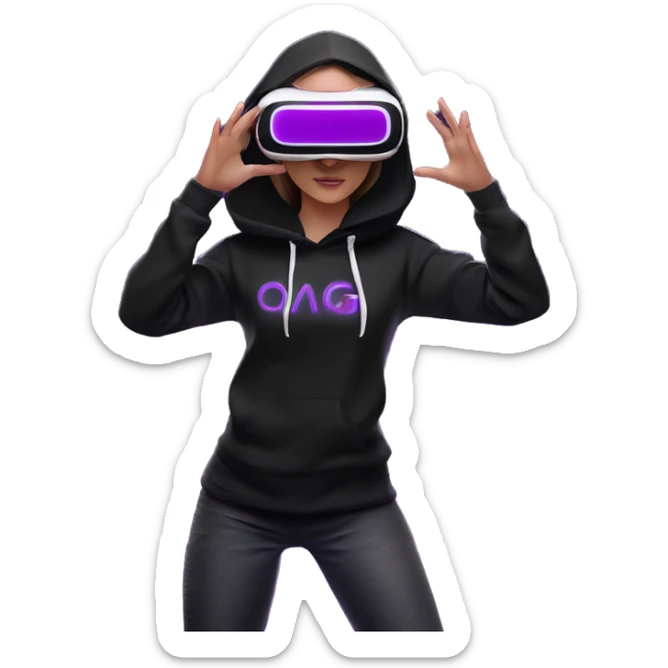 Russian girl wearing black hoody with violet letters "OMG", in vr headset oculus quest2. Standing like jedi. Cyberpunk style. Violet neon. sticker