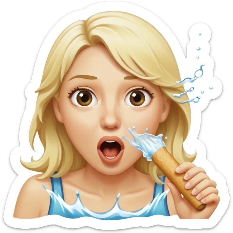 blond woman eating a wide stick the same color as her skin, with a bite taken out of the edge, water stream squirting directly from the stick into her open mouth, surprised expression sticker
