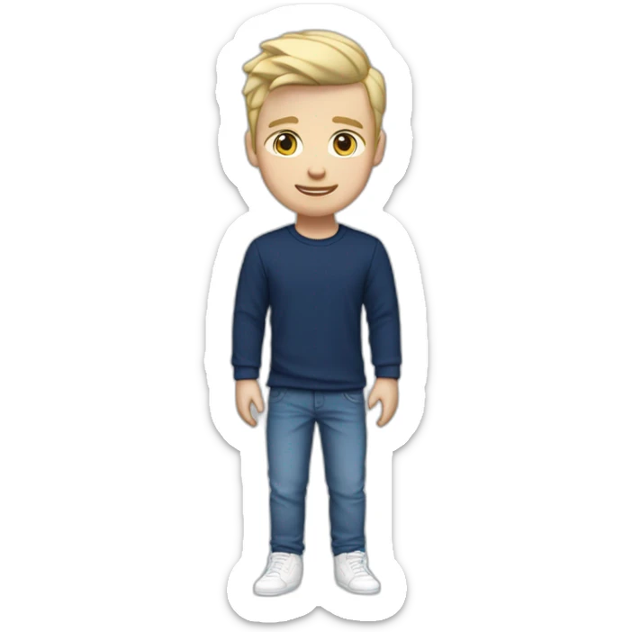 26 year old white British male with short blonde hair wearing a navy blue t-shirt, blue jeans and white sneakers sticker