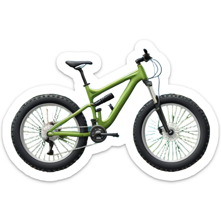 An icon featuring a mountain bike with wide tires, positioned on a forest trail or rocky mountain road. The background shows dense trees, steep slopes, and distant peaks under a clear blue sky. Transparent background highlights the thrill and rugged beauty of mountain biking. sticker