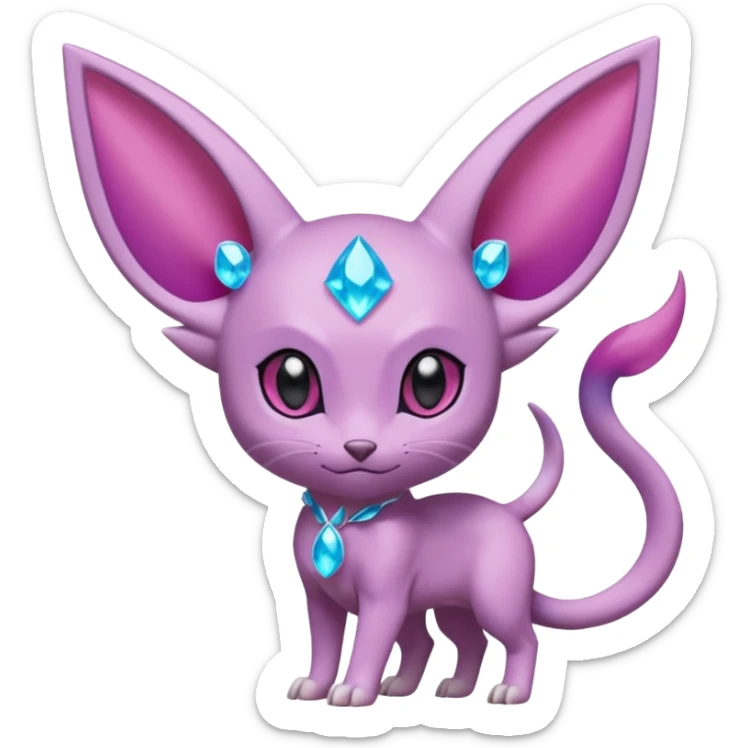 Espeon pokemon, pastel purple body color, dark pink jewel middle of forehead only, end of tail split in two, ear like flaps coming out 
of each cheek, inside of big pointy ears is blue
 (full body) sticker