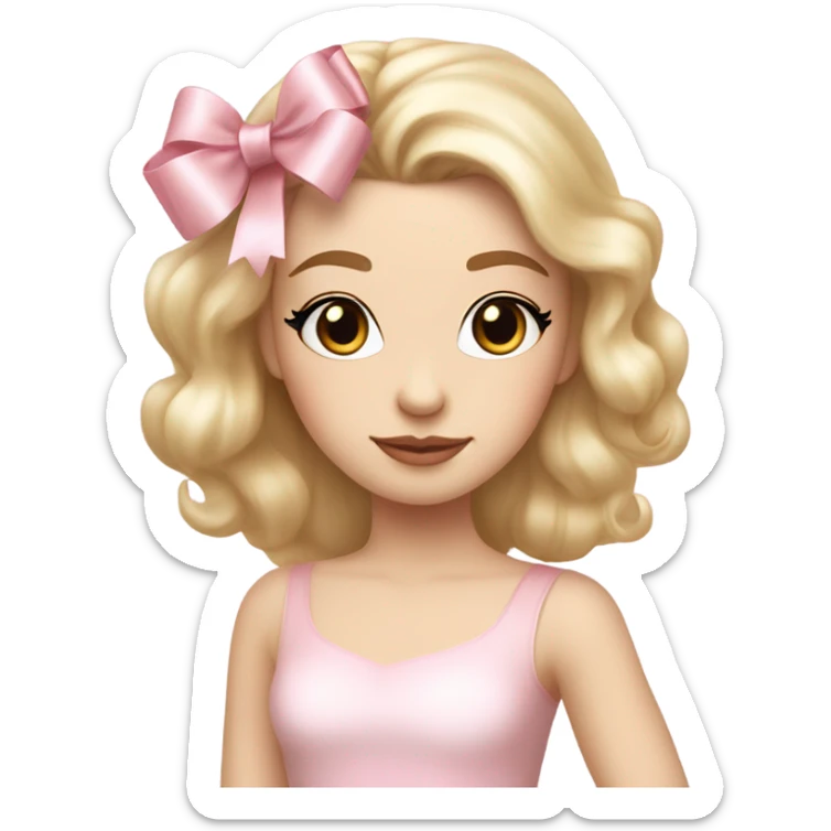 Pale super white women wearing a ballerina dress with soft pink makeup, ballerina shoes, a big ribbon, and cute tiny ribbon blonde hair  sticker
