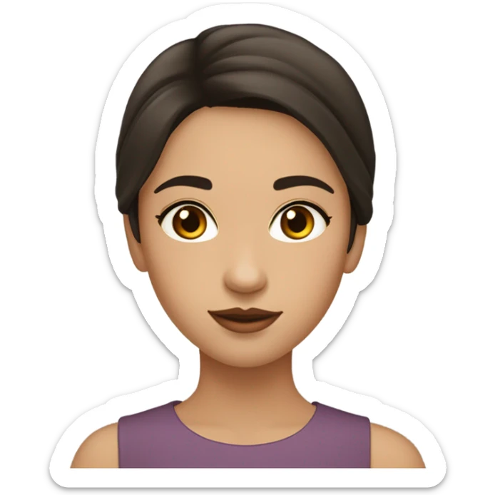 a girl with dark brown hair and dark brown eyes, eyebrows not thick and not thin, hair should be straight, face elongated, nose straight, lips a little plump, rosy cheeks sticker
