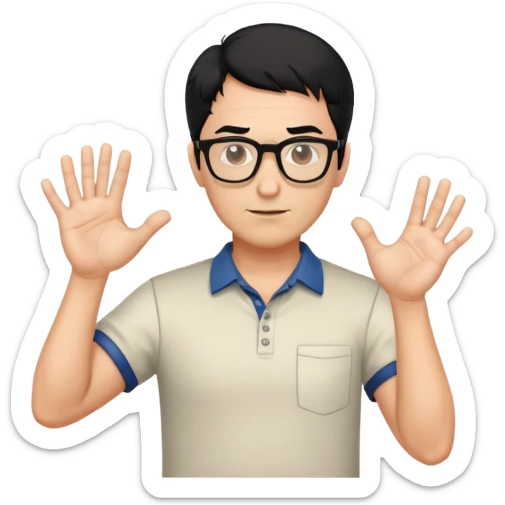 professor with black hair and glasses wearing shirts, no mustache, with hands positioned as if grabbing an invisible rugby ball sticker