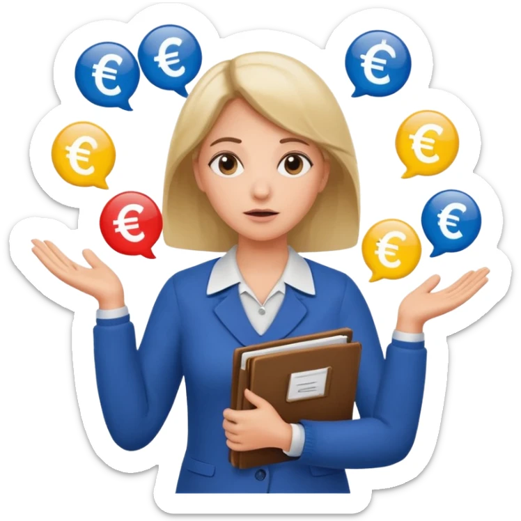 A confused female kindergardenteacher shrugging shoulders with euro symbols and documents floating around. sticker