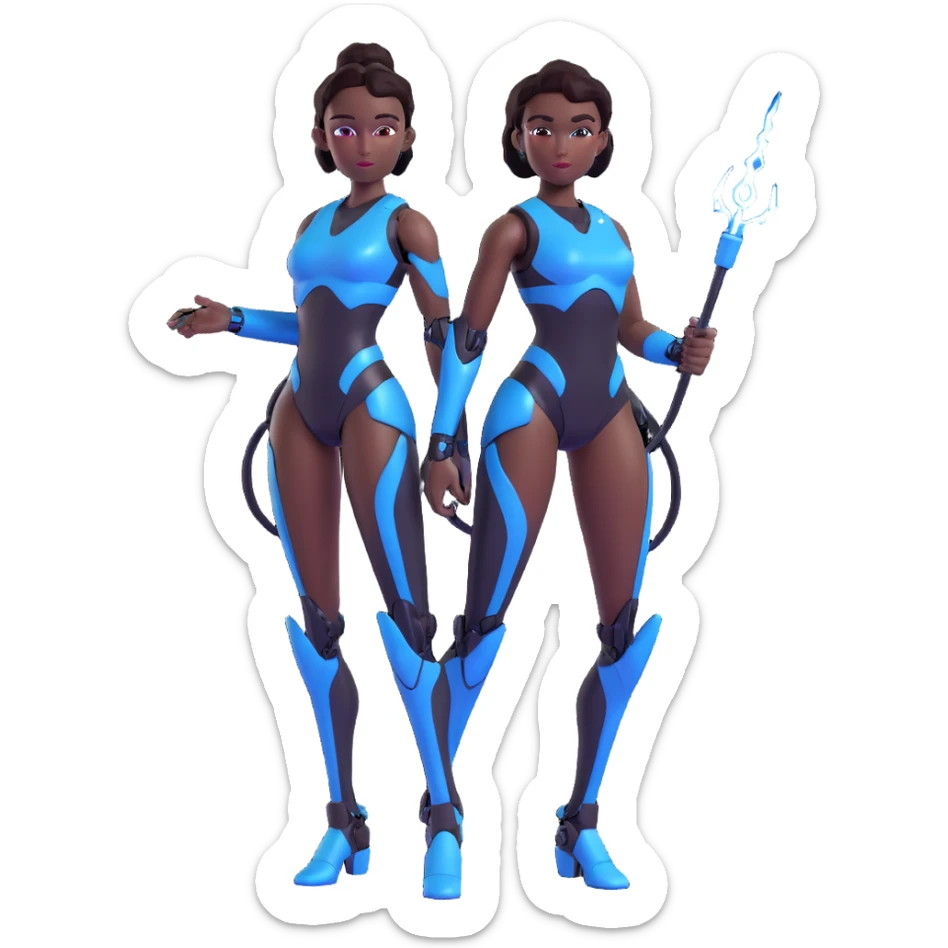 glossy emoji style of a slender black female robot, confident pose, small ear pieces, holding a realistic blue lightning whip, thighs and biceps pink with hex pattern, rest shiny black sticker