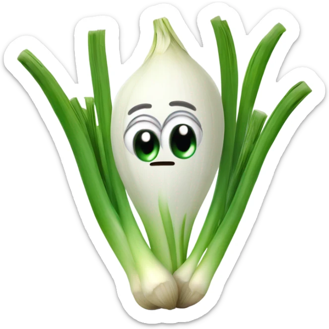 3D Cheerful green onion with big expressive eyes, a wide smile, and a few green stalks on top. Designed in a cute, cartoonish style with vibrant colors. sticker