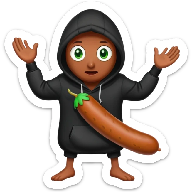 An evil sausage with two green eyes, legs and arms in a black hoodie sticker