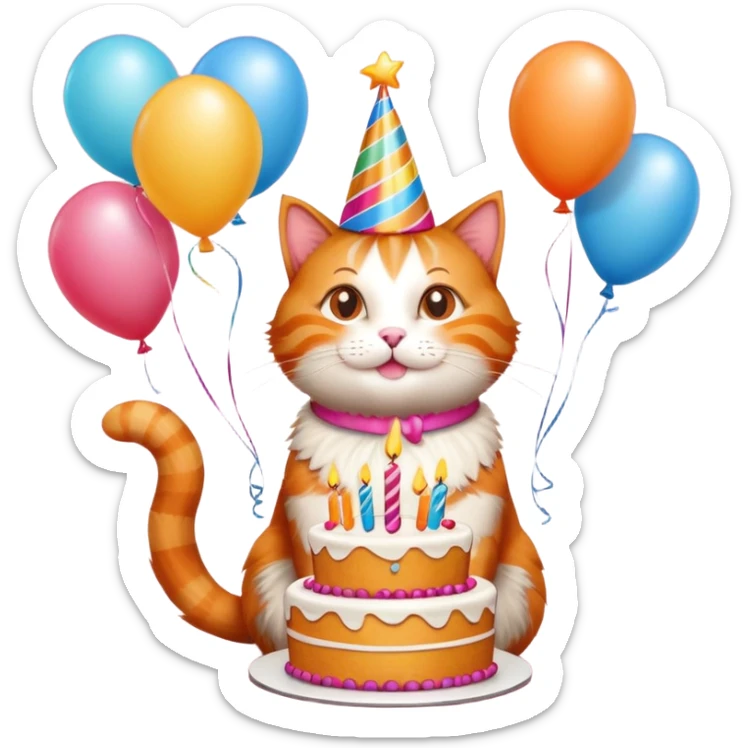 Ginger cat celebrates birthday, birthday hat, birthday cake, balloons, happy, gifts sticker
