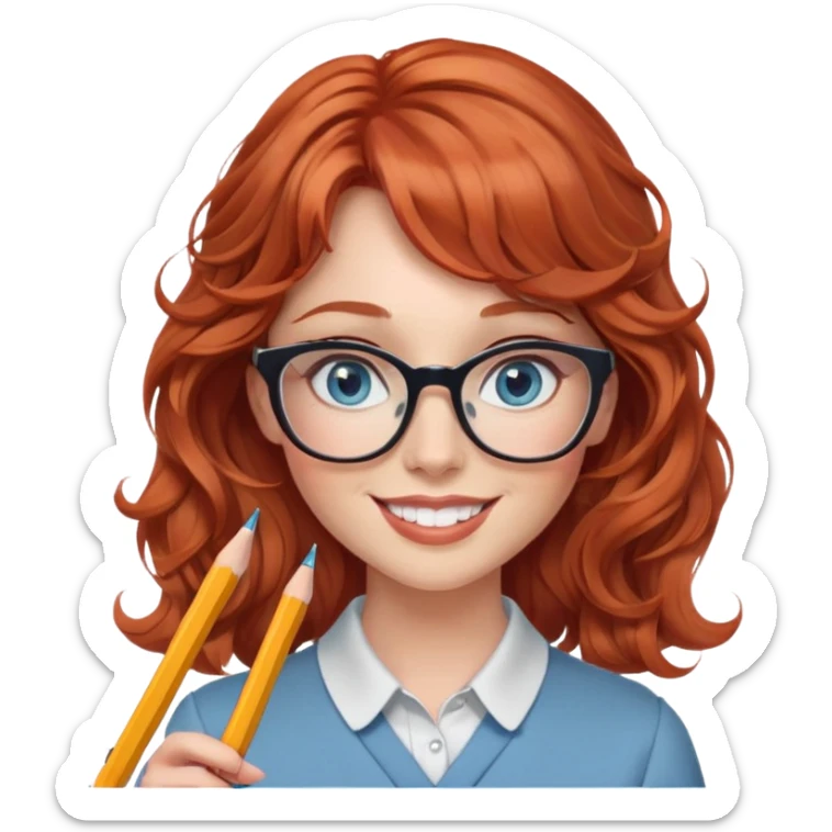 redheaded woman with wavy hair and bangs, blue eyes, glasses, chic outfit, holding a pencil, smiling sticker