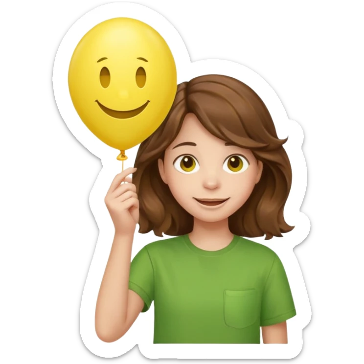 Teen girl wavy brown hair, green shirt, with smiley-face balloon sticker