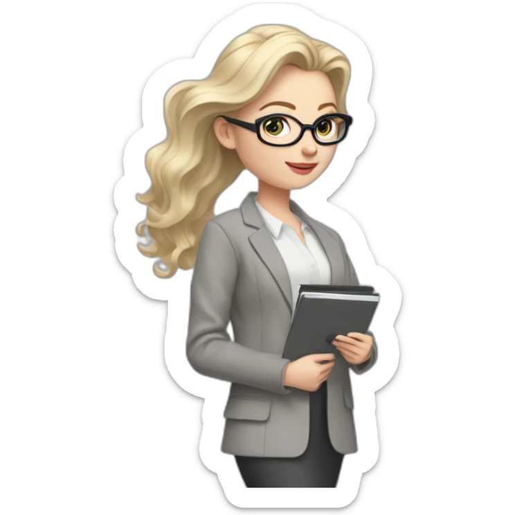 full height pale skin woman with cold blonde hair, Care haircut, White blouse, Gray oversize jacket, Gray skirt and metal glasses holding a color palette in the hands of a color palette sticker