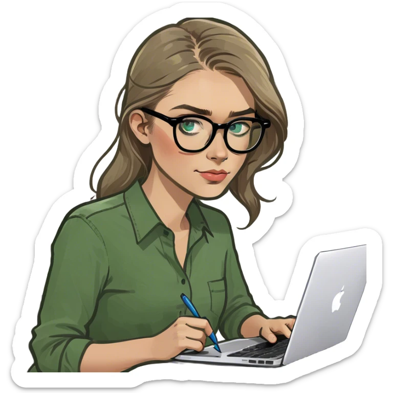 Pale skin girl with blue eyes, and dark blonde hair working with Mac  sticker