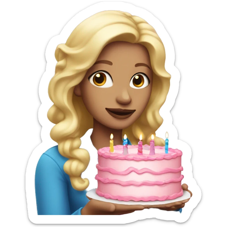 Blonde woman with blue eyes holding a pink birthday cake  sticker