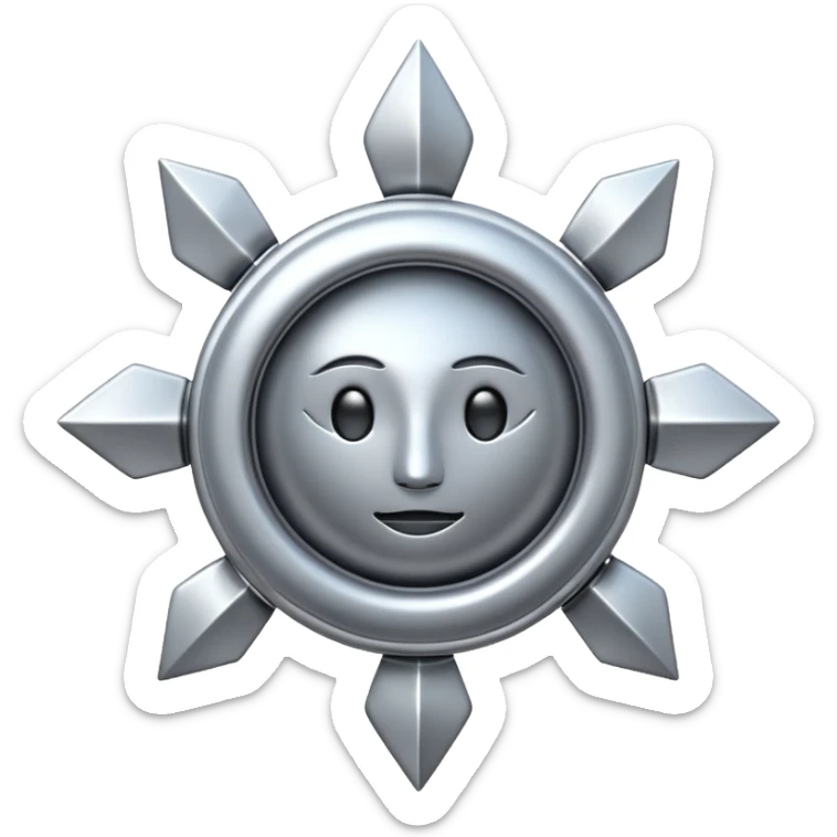 abstract amulet emoji, liquid metal form, symmetrical design, mystical futuristic 3D icon, isolated on white sticker