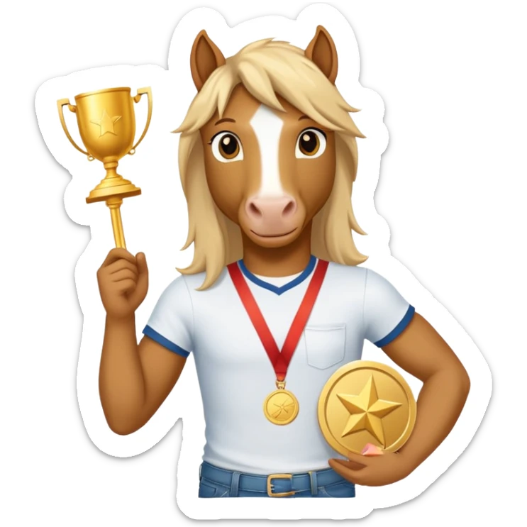 friendly anthropomorphised stallion in jeans and a t-shirt, holding a gold medal sticker