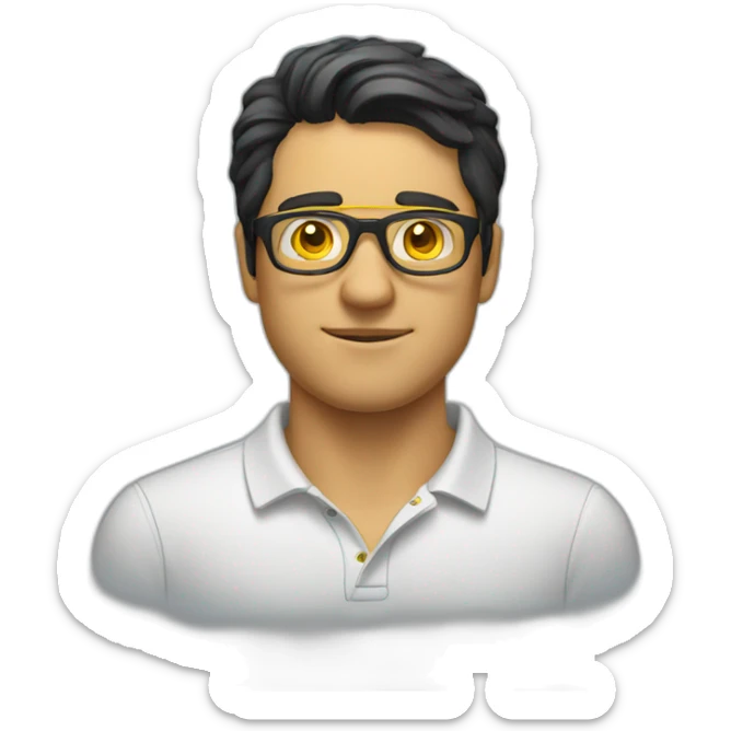 White man with yellow tinted glasses and black hair in a polo shirt sticker