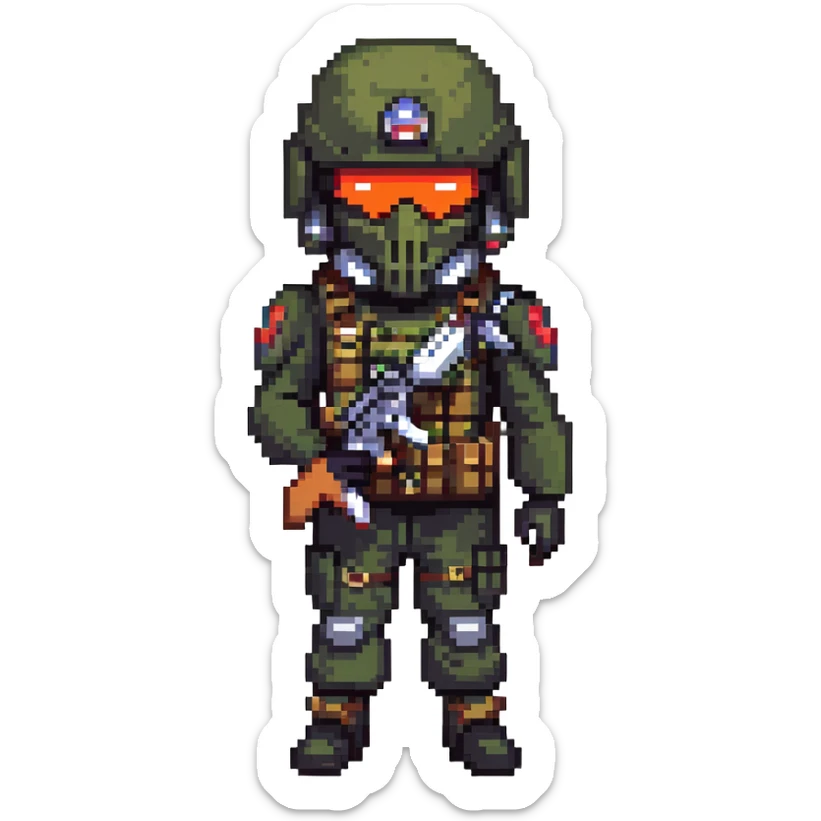 armed figure in all-black military clothing, shiesty mask, and helmet sticker