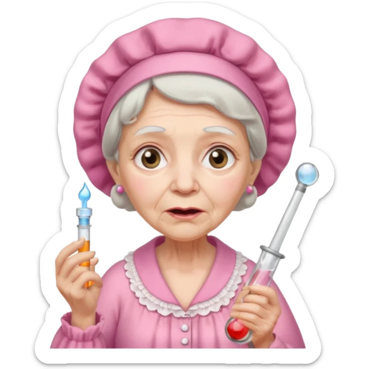 sick old woman with glass thermometer on her mouth pink night gown, pink bonnet on her head sticker