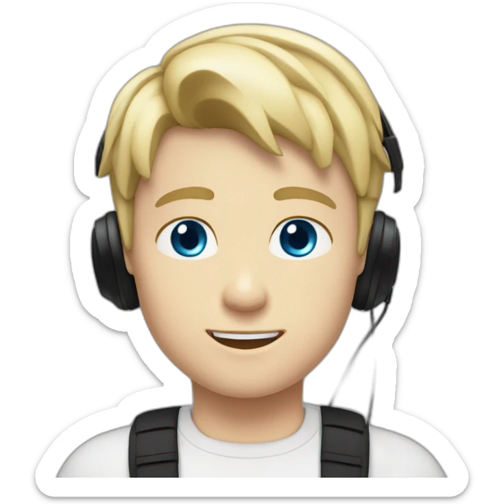 A blond short haired boy blue eyes with a black tank shirt and a black headset sticker