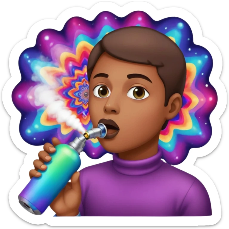 Emoji-style face inhaling from Galaxy Gas nitrous oxide canister, mouth on nozzle, kaleidoscope psychedelic eyes, colorful vapor swirling sticker