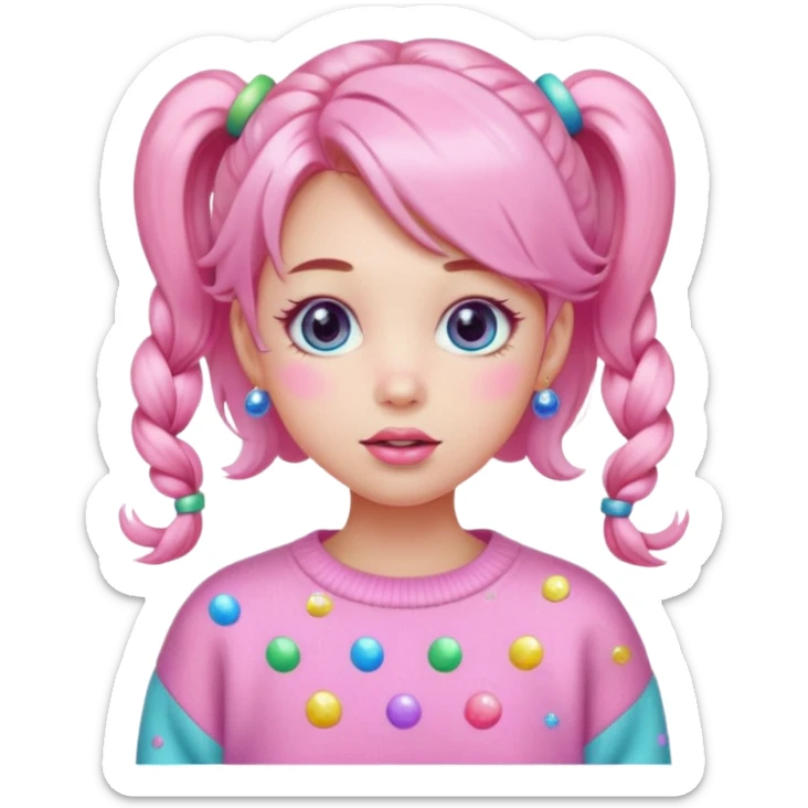 “Emoji girl, pastel pink blush, sparkly wide eyes, glossy bubblegum lips, hair in pigtails with colorful clips, oversized pastel sweater.” sticker
