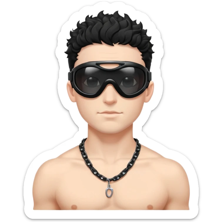 shirtless male athlete with white skin and moderately curly black hair on top with shaved sides, wearing black ski goggles with very dark heavily tinted black lenses that completely hide the eyes, and a simple plain black chain necklace, no earrings sticker