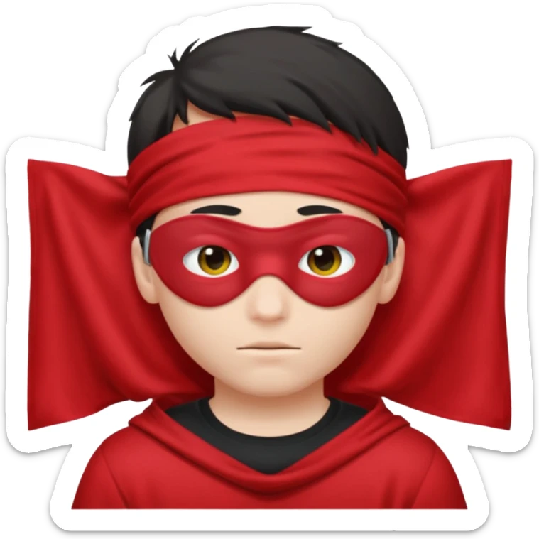 boy wearing red cloth over only eyes boy wears black t-shirt sticker