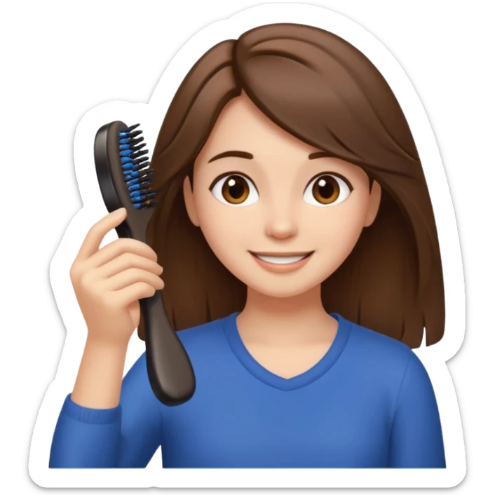 happy girl with medium-length brown hair brushing her hair, clean and cute, iPhone emoji style sticker