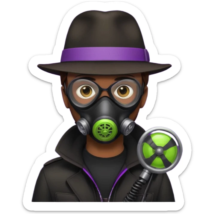 Male Hacker with a fedora with brown hair wearing a gasmask. Color scheme is black, lime-green and purple sticker