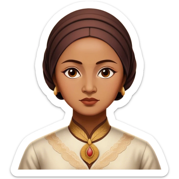 Cinematic Realistic Raden Ajeng Kartini Portrait Emoji, depicted as an inspiring Indonesian feminist icon in period attire with a thoughtful determined gaze, rendered with lifelike textures and warm empowering lighting that captures her pioneering spirit. sticker