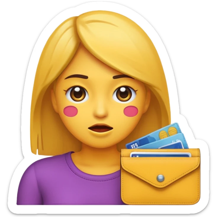Emoji de chica muy desesperada, llorando, con ojos grandes y lágrimas, sosteniendo una billetera vacía al revés, estilo emoji minimalista, dramatismo exagerado, fondo transparente. sticker