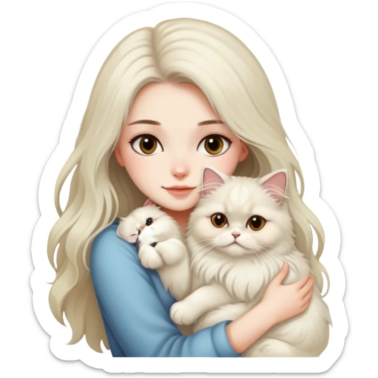 pretty girl with DARK long hair hugging her light hair fluffy persian cat  sticker