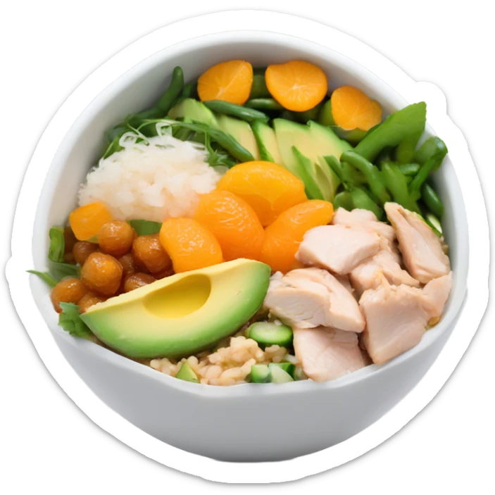 Poke bowl with chicken, cut avocados, mandarins, cucumbers and green beans; side view sticker