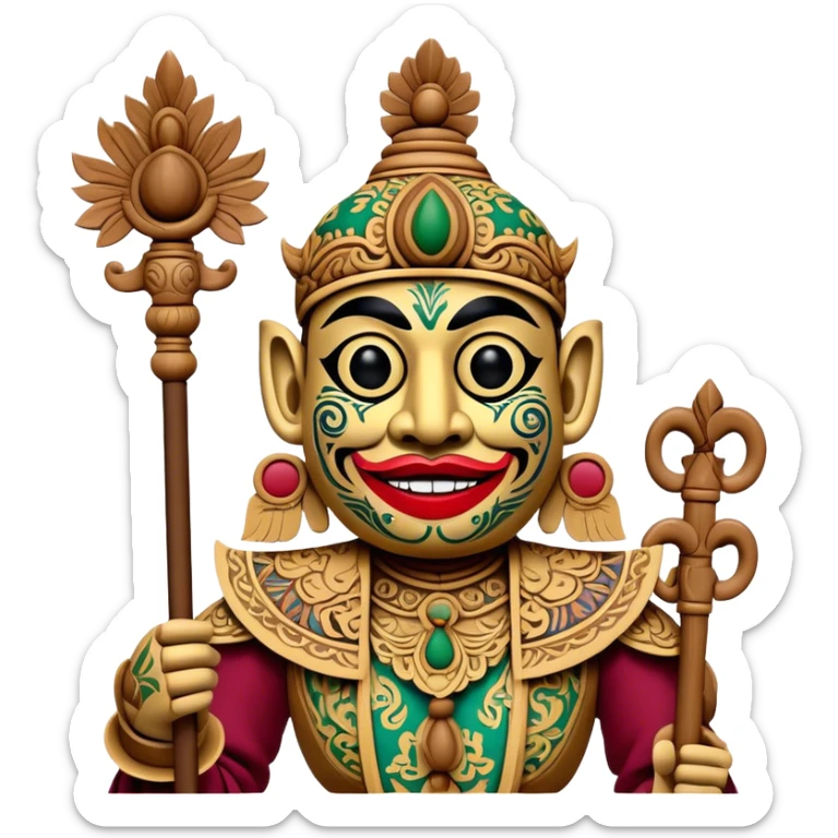 Golek Ayun-ayun – Cinematic Realistic Wayang Golek Ayun-ayun, depicted as an intricately carved traditional wooden puppet with vibrant painted details and expressive features, set on a dimly lit stage with dramatic shadows that evoke centuries of Indonesian theatrical heritage, rendered with lifelike textures and subtle ambient glow. sticker