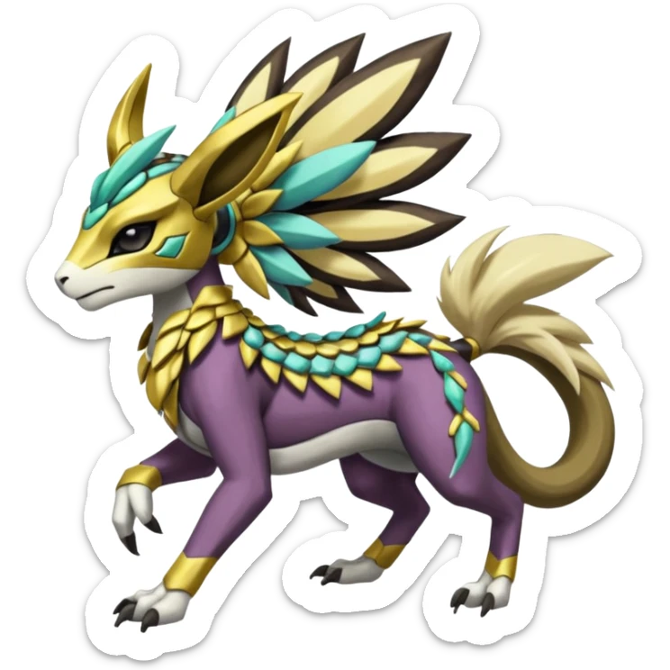Colorful masked armored leathery scaly furry feral quadrupedal Meloetta-Manectric-Solgaleo-Raikou-Pokémon-Digimon-Fakémon-fusion-hybrid-creature sticker