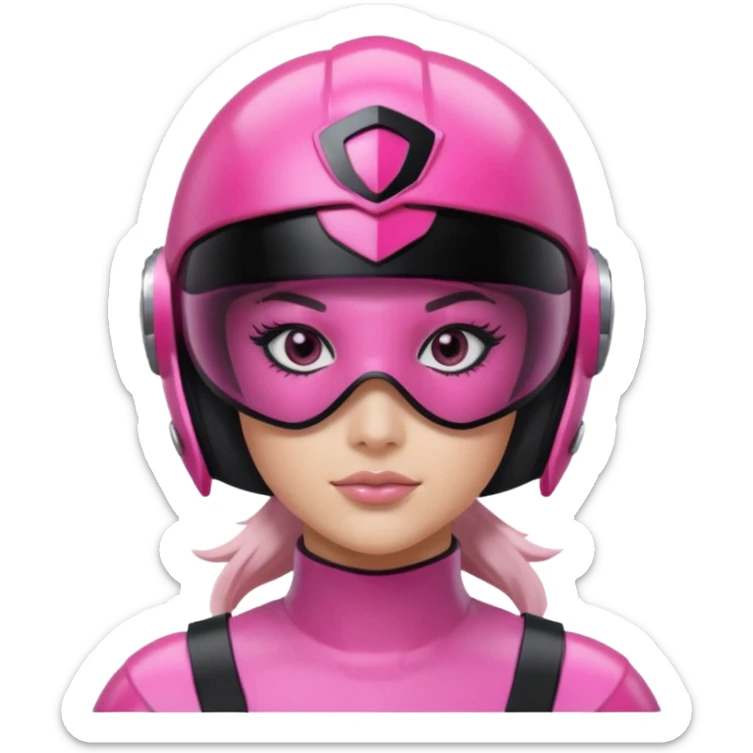 pink power ranger, woman emoji, with helmet on, black visor eye protection, black, power ranger helmet, black visor power ranger helmet pink sticker