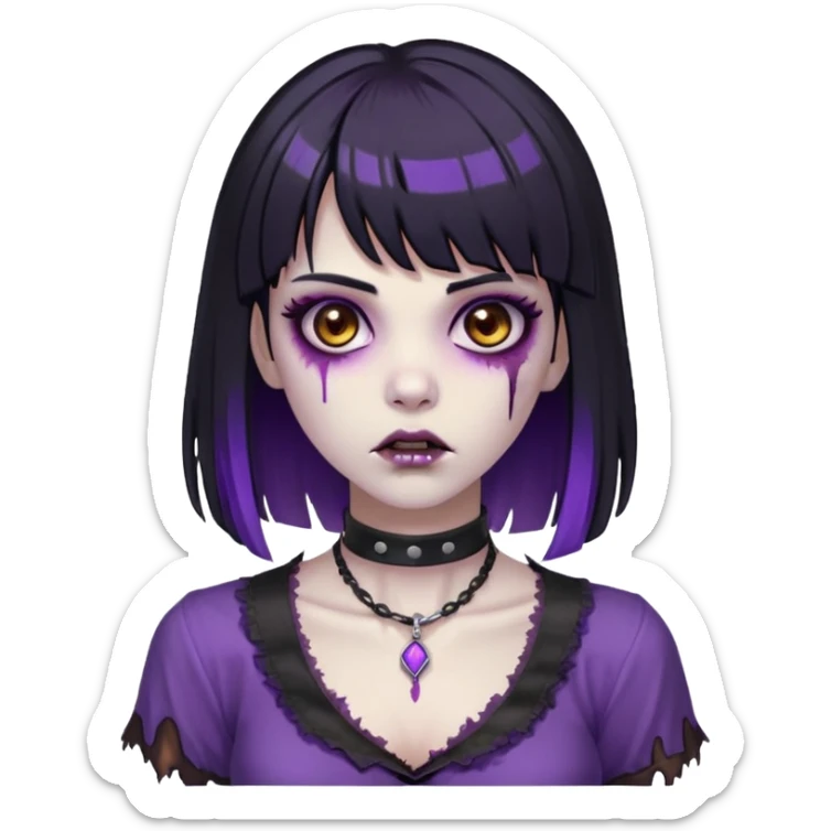 zombie with black hair long and bangs and purple highlights brown eyes and a choker around her neck and a black blouse sticker