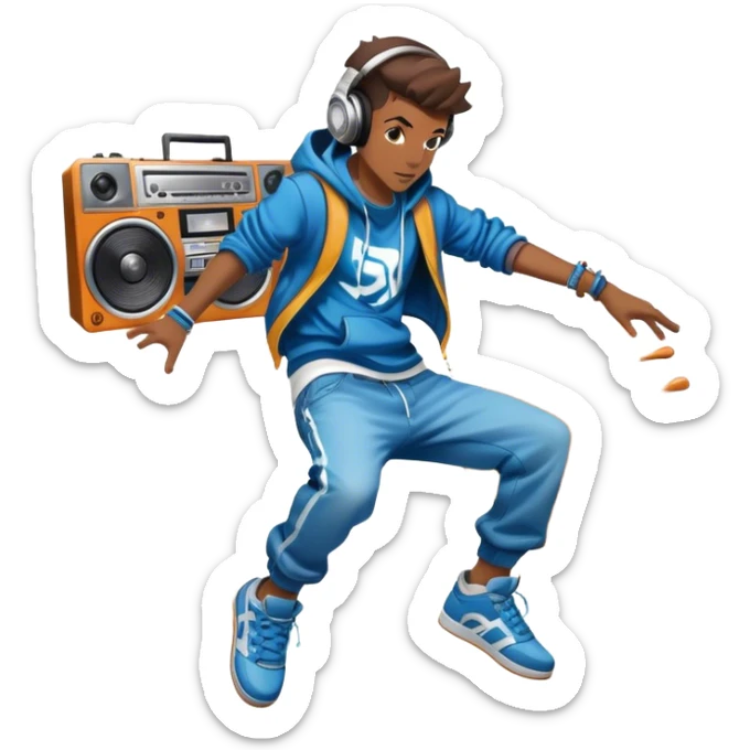 Icon for Street Dance: a dancer in urban streetwear performing a dynamic breakdance move, with a spray-painted background,  boombox  and headphones. The icon should represent the energy, style, and creativity of street dance culture. Transparent background. sticker