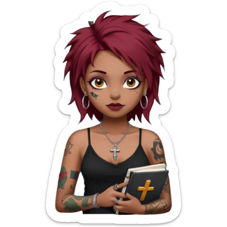 generate an ios genmoji of a girl with dark red messy hair with eyeliner on her eyes.  septum piercing, wearing a cami black top, has tattoos, on shoulders. ear piercings. wearing a cross silver necklace. Holding an overfilled sketchbook. dusky skin color. Holding redbull in the other hand sticker