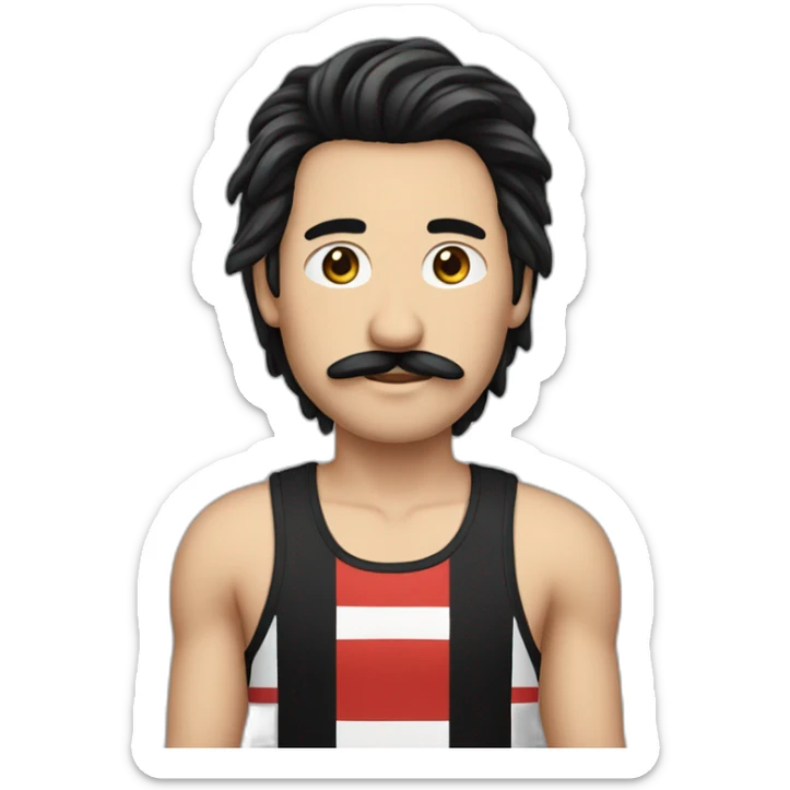 male with long black hair, moustache and striped black and red tank top sticker