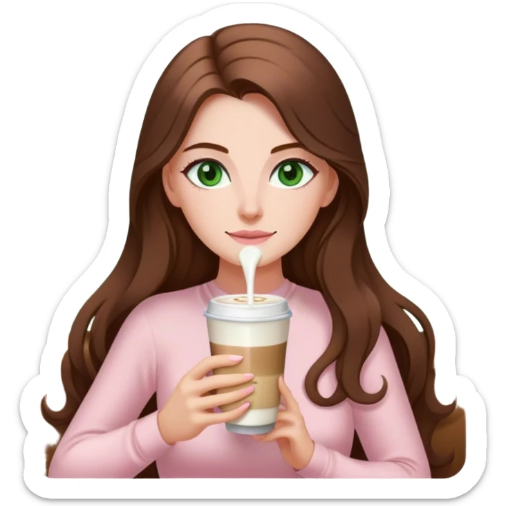 pretty woman with very long brown hair and green eyes and light pink outfit drinking a latte sticker
