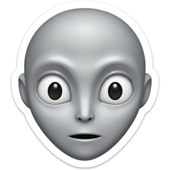 Grey alien head, black almond-shaped slanted eyes, pale grey skin, cartoon emoji, no background sticker