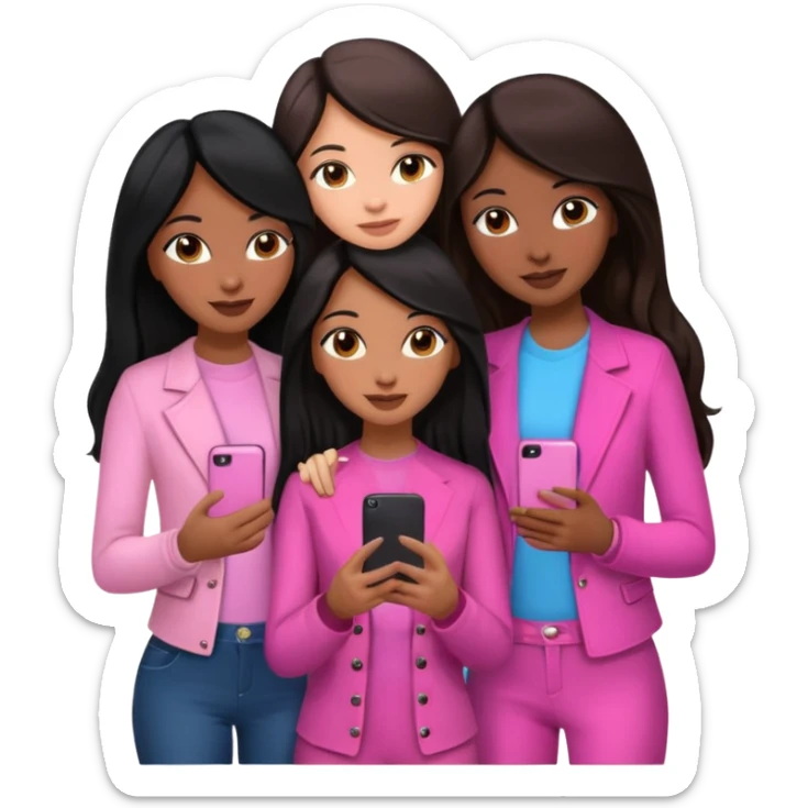 3 brown girl friends with a phone on their hand, one with black long hair light skin,  one with brown hair long and the other one with black with brown medium length hair . Wearing pink glammed up and hugging  sticker