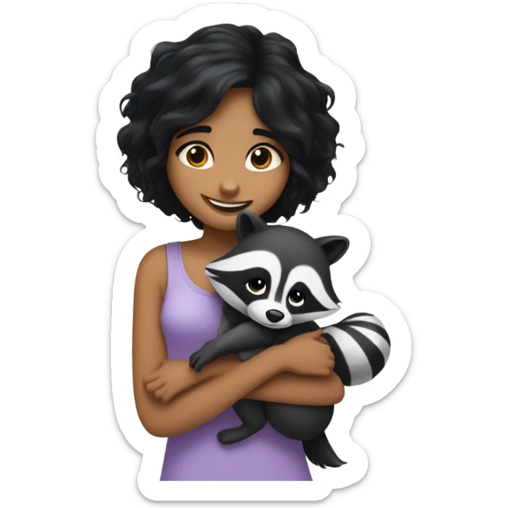 the girl with black hair and pretty smile hug a racoon sticker