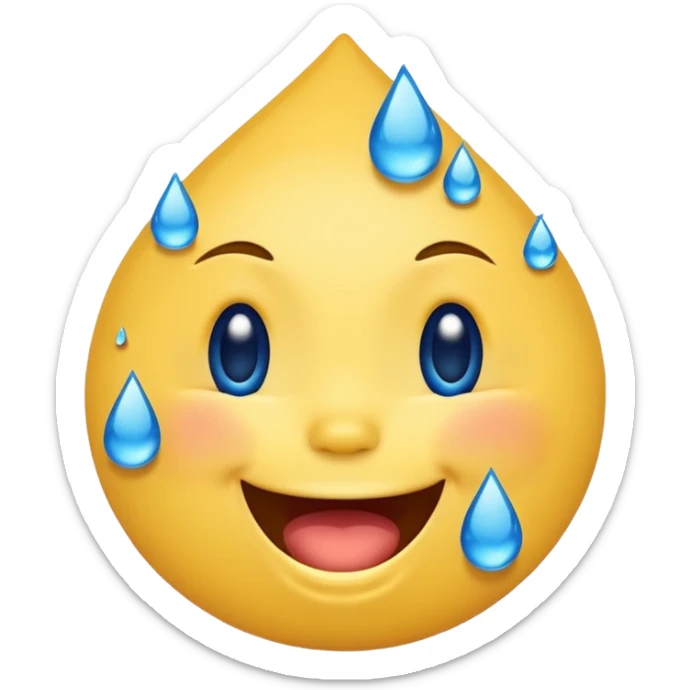 Emoji, yellow round laughing face, blue tears of joy on it. 2 big blue tear drops on each of the 2 cheeks sticker