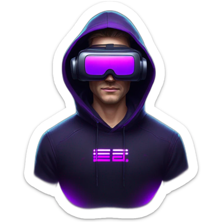 Russian man in the black hoody with violet letters "OMG VR" on it wearing vr headset. Cyberpunk style. Violet neon. sticker